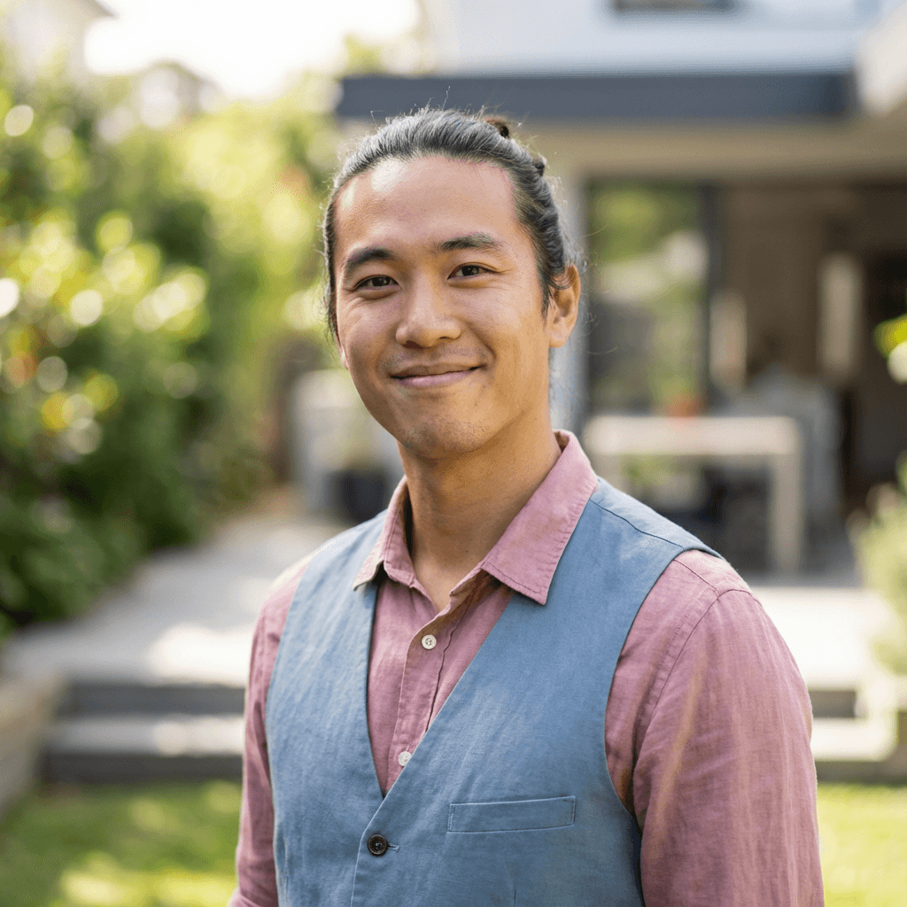 Male condo board member in his mid 40s, East Asian, professional and approachable demeanor appropriate for property management
