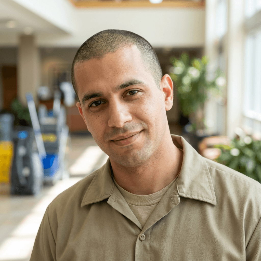 Professional window cleaning crew member holding a squeegee and cleaning supplies