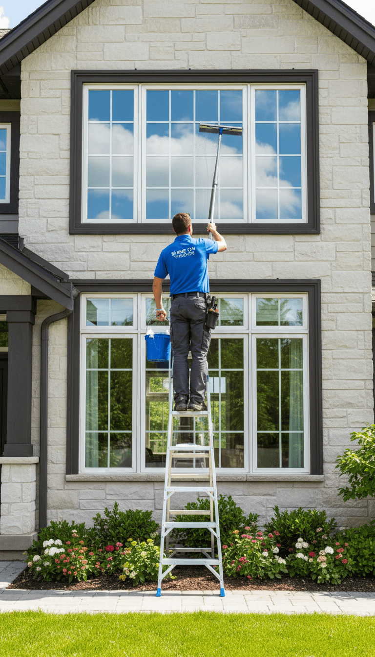 Professional window cleaner working on residential windows in Toronto