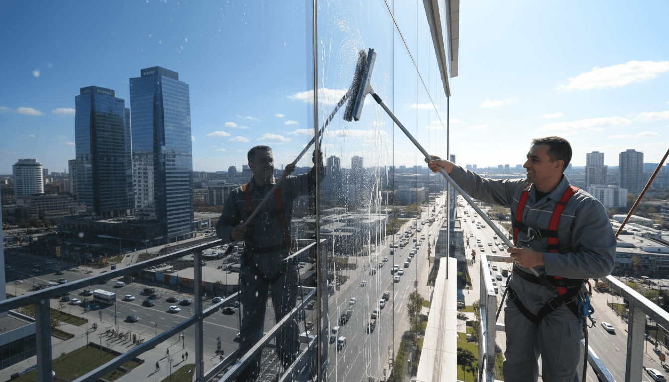 Professional window cleaner washing large glass windows with a squeegee