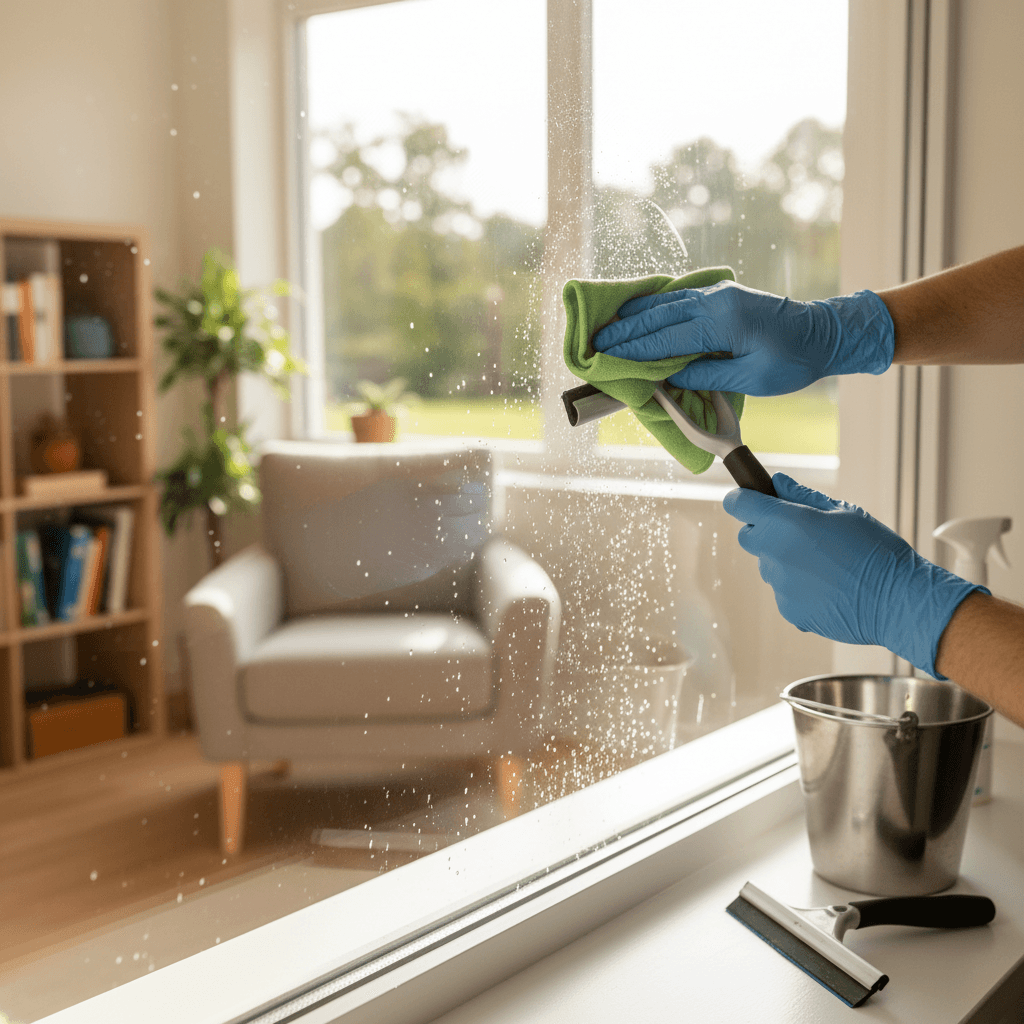 Professional window cleaner washing exterior windows on a home