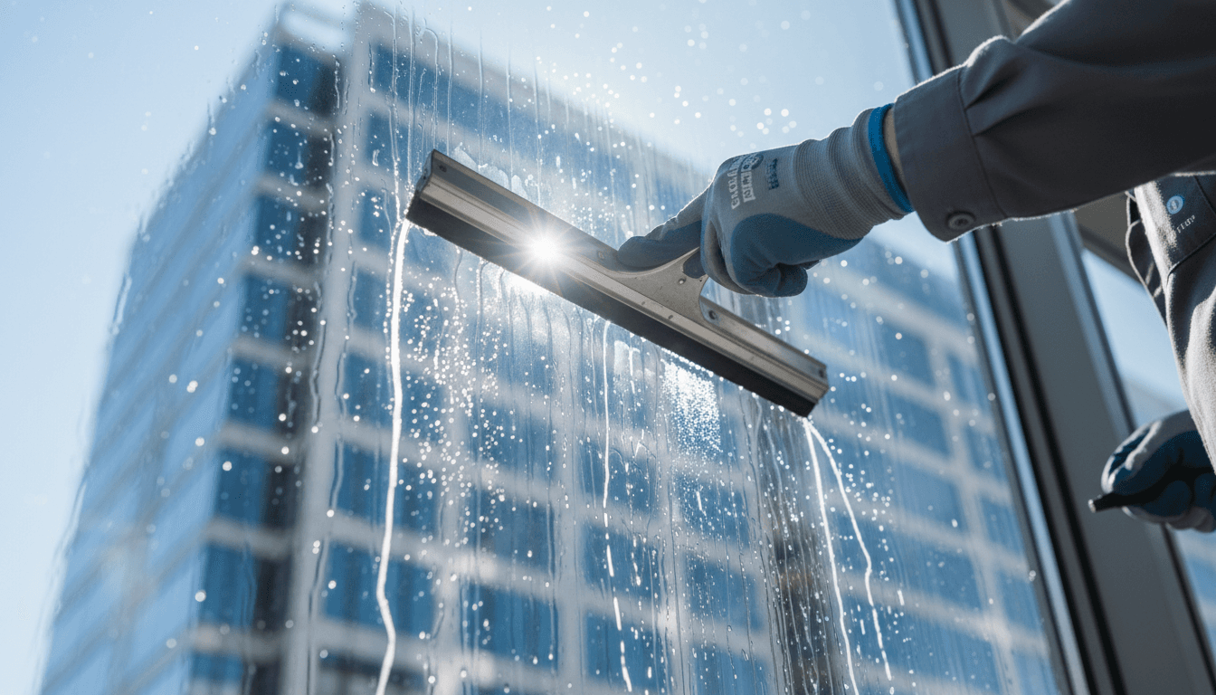 Professional window cleaner working on a residential window